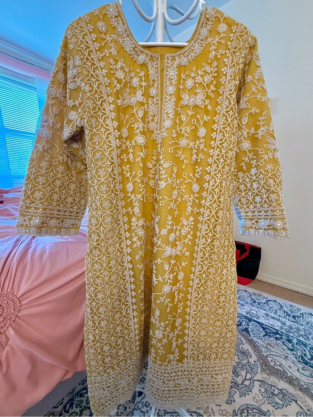 Embroidered Desi Mustard Yellow Shalwar Kameez Dress with Sheer Dupatta